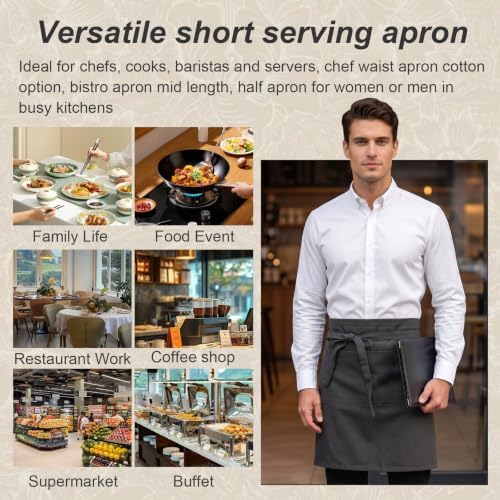 Half Apron for Women Men Cotton Linen with 2 Large Pockets Waist Short Bistro Server Aprons Waiter Waitress Unisex - Image 2