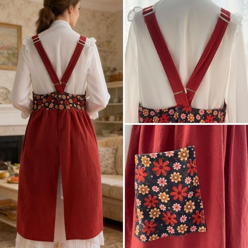 Uaussi Cotton Linen Apron Cross Back Work Apron for Women with Pockets Pinafore Dress X Cross Halter Apron for Chef Gardening - Image 3