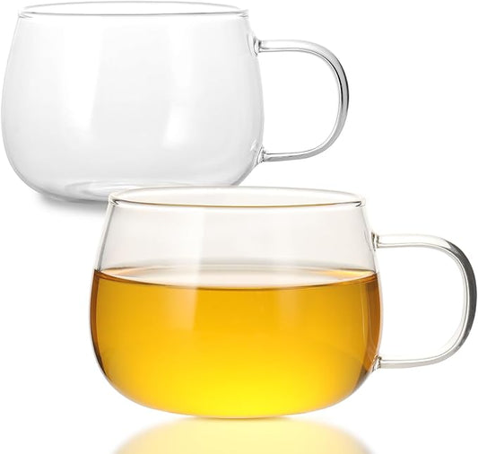 Glass Tea Cups Set of 2, Clear Borosilicate Glass Teacups with Handle for Tealover, Dishwasher & Microwave Safe Large Coffee Mugs for Espresso Cappuccino Latte Juice, 12OZ/360ML