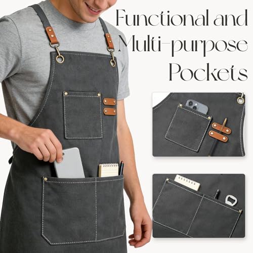 Chef Aprons for Men Women with Large Pockets Heavy Duty Cotton Canvas Cross Back Apron - Image 3