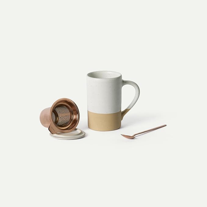 MORA Ceramics Tea Cup with Loose Leaf Infuser, Spoon and Lid, 12 oz, Microwave and Dishwasher Safe Coffee Mug - Rustic Matte Ceramic Glaze, Modern Herbal Tea Strainer - Great Gift for Women, Oat