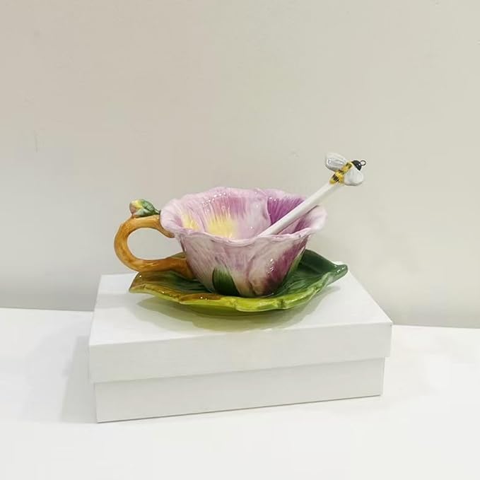 Ceramic Pansy Coffee Cup and Saucer Set with Spoon，6OZ 3D Hand-Painted Flower Tea Mug，Gift for Women (Lilac)