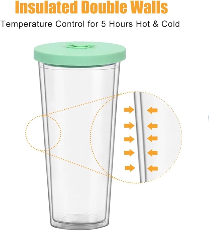 2 Pack Reusable Boba Tea Cups, 24oz Iced Coffee Cup with Straw and Lid, Leakproof Clear Plastic Cups Tumbler, Double Wall Insulated Smoothie Tumbler, Wide Straw for Bubble Tea, Green & Orange