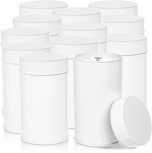 Yesland 12 Pack Tea Tin Canister with Airtight Double Lids, 17 Fluid oz Tea Storage Organizer Tin Can Small Round Kitchen Canisters for Loose Tea, Coffee, Candy, Herbs and Spices - White