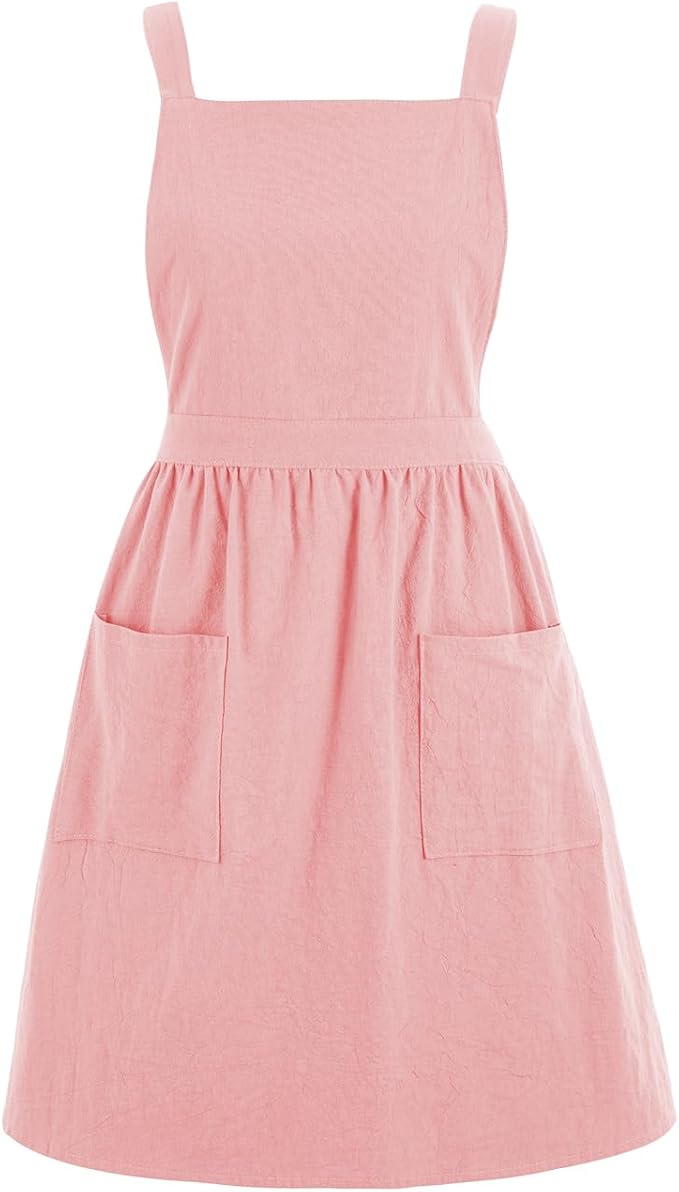 Pinknoke Cute Cotton Pinafore Aprons for Women with Pockets for Kitchen | Vintage Apron Dress,Adjustable Cross Back,2 Pockets,Long Straps,for Cooking Backing Gardening Painting Cleaning Gift Giving by Pinknoke