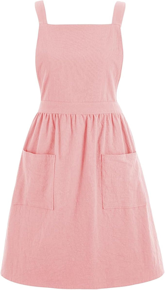 Pinknoke Cute Cotton Pinafore Aprons for Women with Pockets for Kitchen | Vintage Apron Dress,Adjustable Cross Back,2 Pockets,Long Straps,for Cooking Backing Gardening Painting Cleaning Gift Giving by Pinknoke