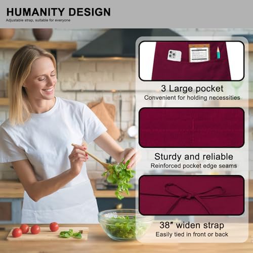 PLOYMONO 1P Burgundy Server Apron with 3 Pockets,Short Waist Waitress Apron | Polyester Short Waiter Apron with 3 Deep Pockets, Great for Restaurant Servers, Bartenders, Hosts, Baristas - Image 2