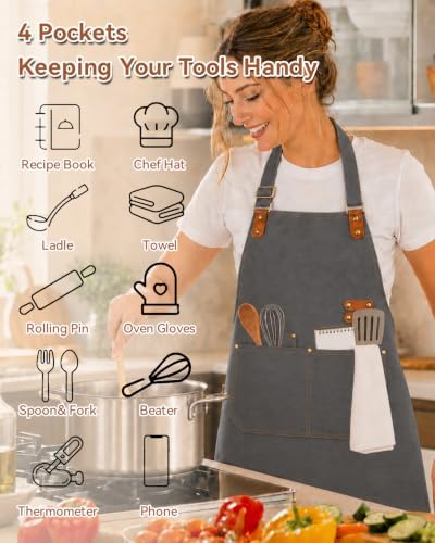 Teskyer Canvas Kitchen Apron with 4 Pockets | Cross Back or Adjustable Strap Design, 4 Utility Pockets, Water & Oil Resistant Fabric for Cooking Gardening & Crafts - Image 3