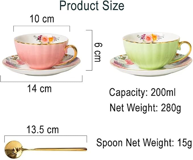 Porcelain Tea Cup with Saucers and Spoon, 2 Sets of 8 Oz Floral Coffee Mug with Gold Trim Holder, Royal Ceramic Teacup Set, Espresso Latte Mugs for Wedding Birthday Table Supplies (Pink + Apple Green)