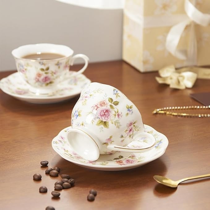 8 oz Vintage flower Ceramic cup and 6" saucer set with Brand customized stainless steel spoon Gifts for Afternoon Tea Coffee Hour (H)