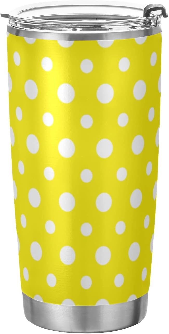 Tumbler Yellow Polka Dot Insulated Coffee Cup Beverage Container Travel Mug with Straw and Lid Double Wall Stainless Steel 20oz BPA-Free for Sport, Back to School