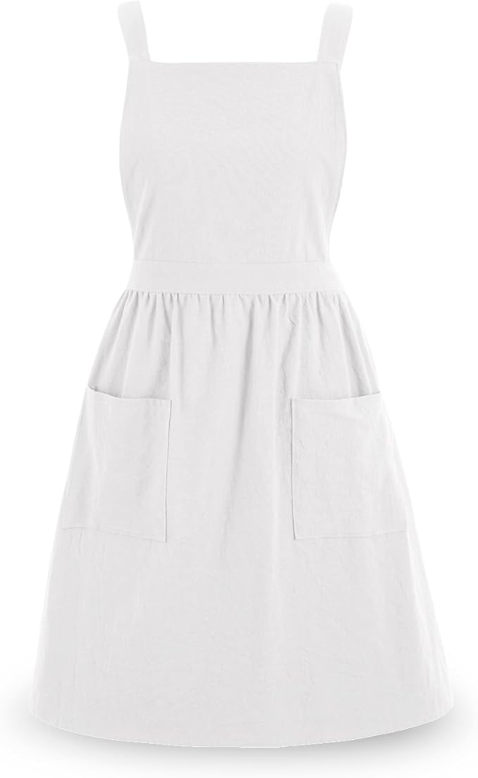 Pinknoke Cute Cotton Pinafore Aprons for Women with Pockets for Kitchen | Vintage Apron Dress,Adjustable Cross Back,2 Pockets,Long Straps,for Cooking Backing Gardening Painting Cleaning Gift Giving by Pinknoke