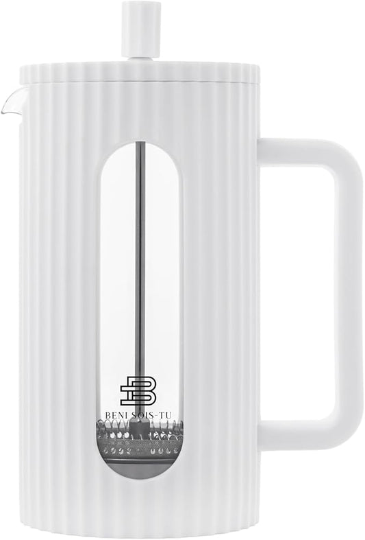 French Press Coffee Maker, 34 oz, Heat Resistant, Borosilicate Glass, 4-level Filtration (white)