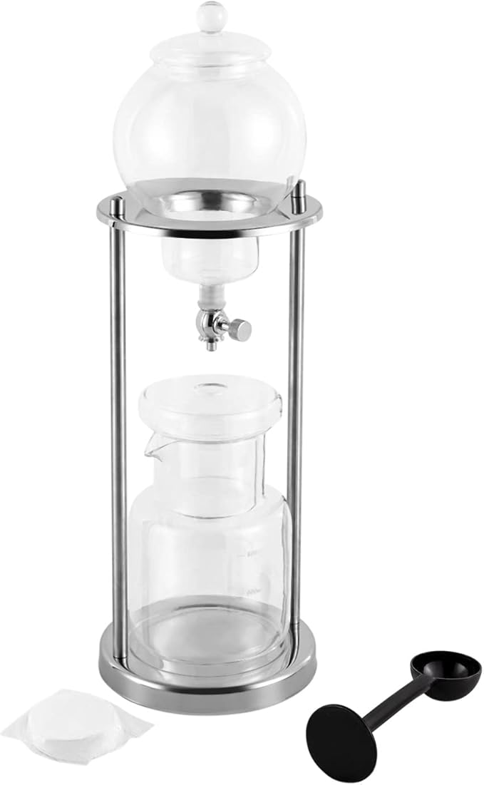 Ice Cold Brew Dripper Coffee Maker, 600Ml Ice Coffee Makers Cold Brew Machine Stainless Steel and Borosilicate Glass Copper Coffee Maker Extraction Approx 4h 2drops/S for 6-8 People (Silver)