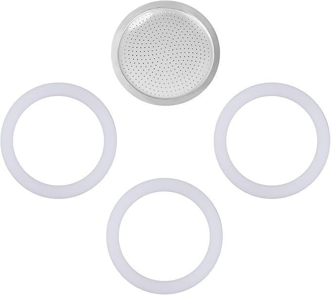 wedrink 1 Filter and 3 Silicone Gasket Seals Replacement for Aluminium Moka Pot and Stovetop Espresso Coffee Maker (6 Cup)