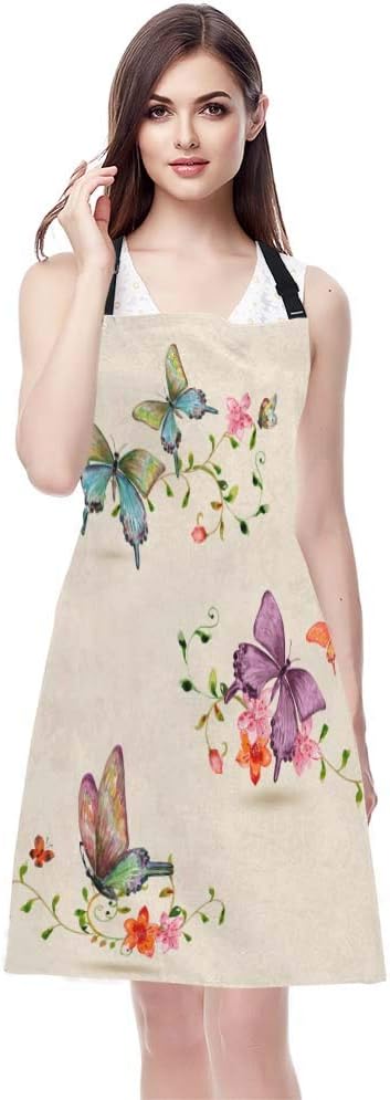 WONDERTIFY Butterfly Apron,Colorful Butterflies Flying Around The Beautiful Flowers Bib Apron with Adjustable Neck for Men Women,Suitable for Kitchen Cooking Waitress Chef Grill Bistro Baking Apron
