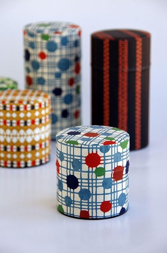 Japanese Pokkan Matcha Coffee Spice Tea Tin Canister Washi Paper Storage with Lid 7.05 oz Capacity (Mizutama Goushi)