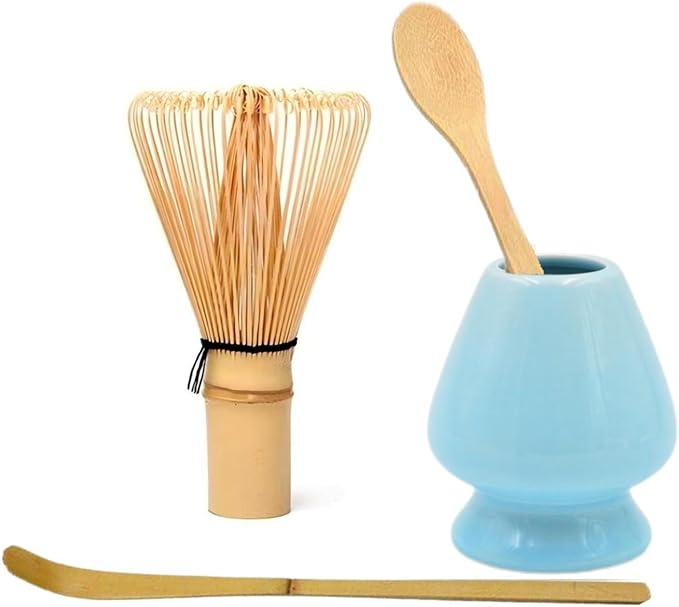 Matcha Tools ，Matcha Whisk Holder， Matcha Chasen Whisk Stand ，Ceramic Holder ，Matcha Bowl ，Traditional Japanese Tea Ceremony Starter (Cyan Ceramic Holder，Whisk ， 4 set)