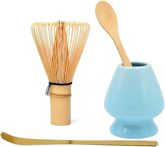 Matcha Tools ，Matcha Whisk Holder， Matcha Chasen Whisk Stand ，Ceramic Holder ，Matcha Bowl ，Traditional Japanese Tea Ceremony Starter (Cyan Ceramic Holder，Whisk ， 4 set)