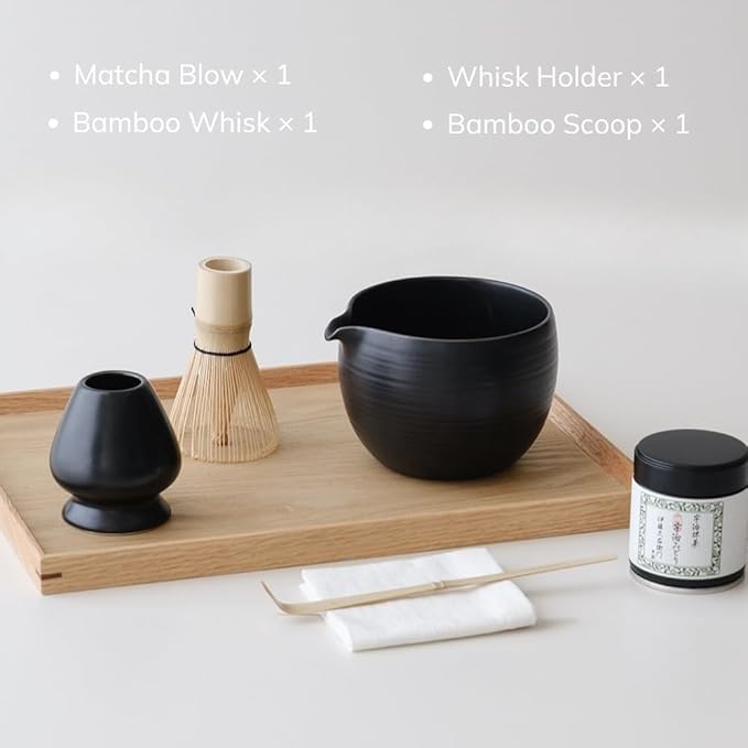 Matcha Whisk Set, Ceramic Matcha Bowl & Whisk Holder, Bamboo Accessory, Modern Design (Matte Crème, Pouring Spout) (Matte Black)