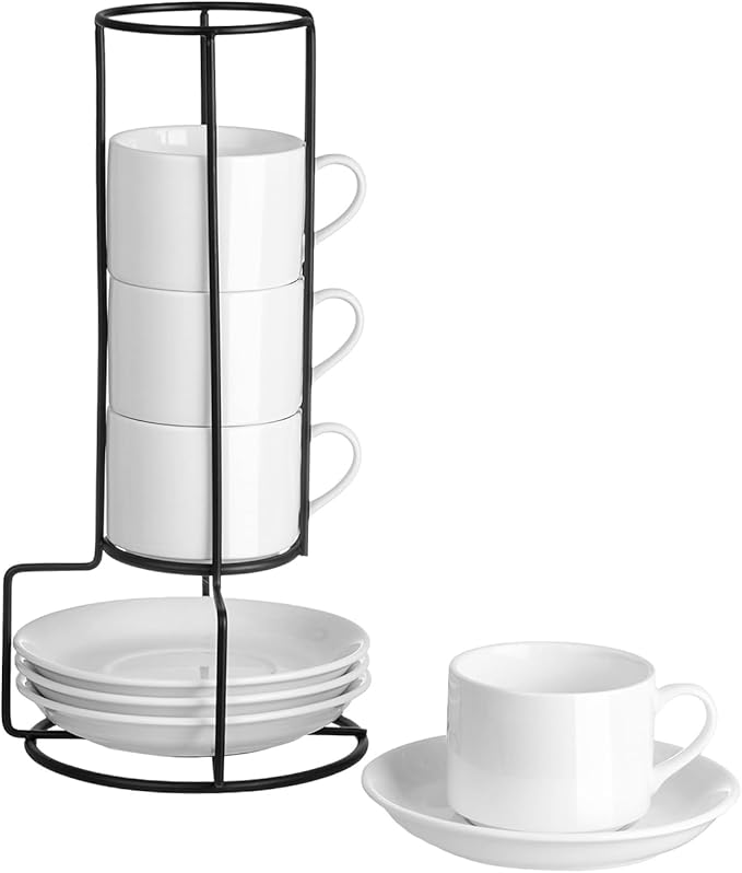 4oz Porcelain Stackable Espresso Cups with Saucers and Metal Stand Set of 4, Stackable Espresso Cups Set of 4, White Expresso Shots Cup Set for Coffee Drinks, Cappuccino Latte, Americano, Tea