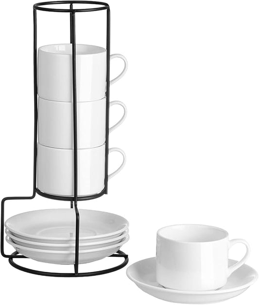 4oz Porcelain Stackable Espresso Cups with Saucers and Metal Stand Set of 4, Stackable Espresso Cups Set of 4, White Expresso Shots Cup Set for Coffee Drinks, Cappuccino Latte, Americano, Tea
