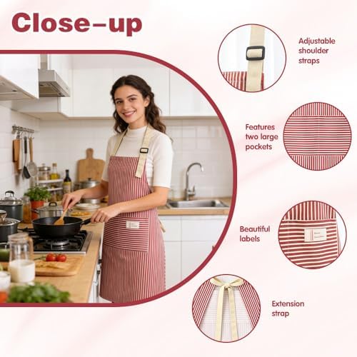 Chef Apron Bib Apron with 2 Large Pockets Adjustable Neck Strap Kitchen Apron Cooking Apron Stripes Baking Apron - Image 3
