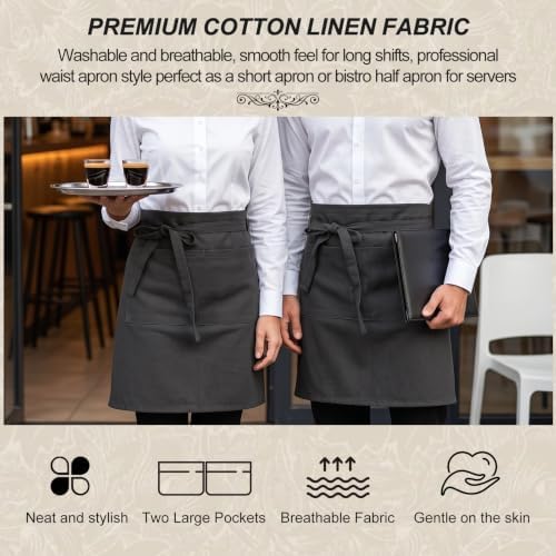 Half Apron for Women Men Cotton Linen with 2 Large Pockets Waist Short Bistro Server Aprons Waiter Waitress Unisex - Image 6