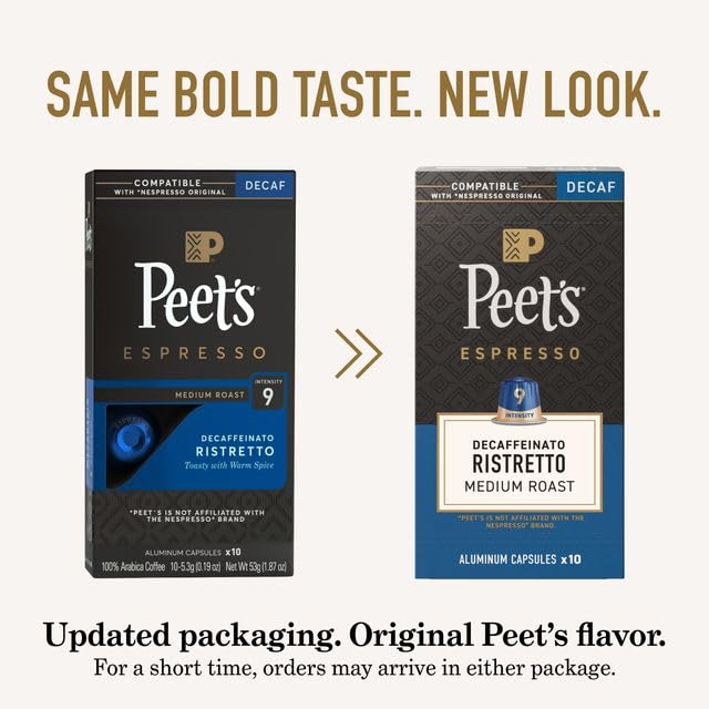 Peet's Coffee, Medium Roast Decaf Espresso Capsules, Compatible with Nespresso Original Machine, Decaffeinated Arabica Coffee - Decaf Ristretto Intensity 10, 100 CT (10 Boxes of 10 Espresso Capsules)