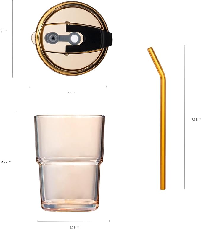 13 oz Tumbler Water Glass, Water Bottle with Straw and Dustproof Lid, Coffee Ice Cup Double Wall Insulated Glass Cup (Amber-4pack)
