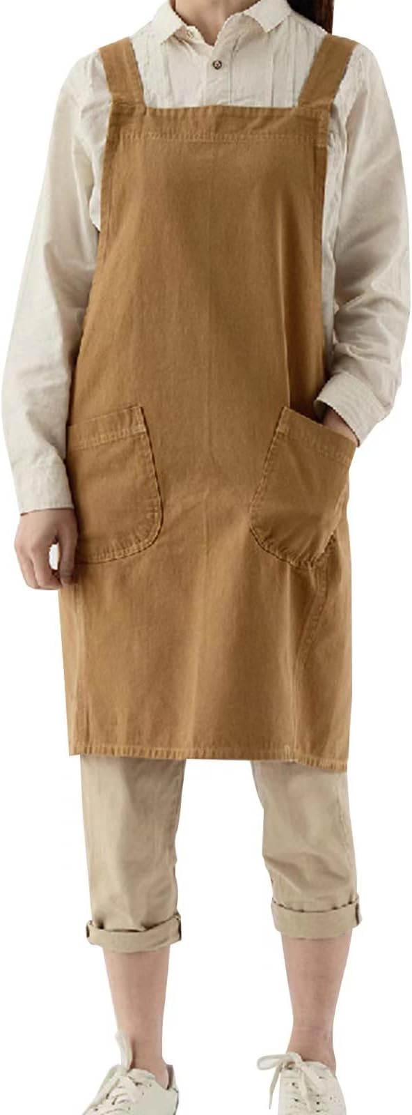 Japanese Cotton Linen Cross Back Apron with Pockets,Fashion Pinafore Dress for Gardening Painting Cleaning Cooking - Image 5