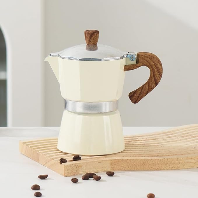 Kingdong Stovetop Moka Pot with Wooden Handle, 6-Cup Italian Style Coffee Maker, Black and Cream Aluminum Espresso Brewer (White, 3 cup)
