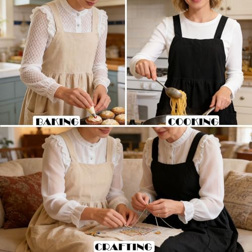 Uaussi Cotton Linen Apron Cross Back Work Apron for Women with Pockets Pinafore Dress X Cross Halter Apron for Chef Gardening - Image 4