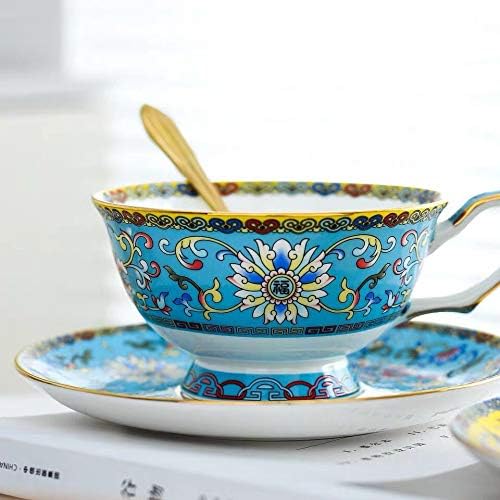 Cup& Saucer Set Bone China Tea Coffee Cup for Breakfast Afternoon Tea- Classic Enamel Patterns (Blue)