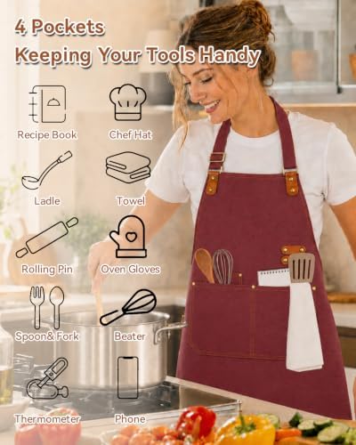 Teskyer Canvas Kitchen Apron with 4 Pockets | Cross Back or Adjustable Strap Design, 4 Utility Pockets, Water & Oil Resistant Fabric for Cooking Gardening & Crafts - Image 3