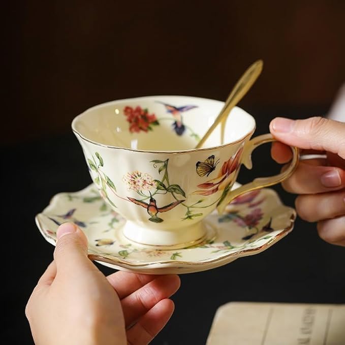 8 oz Vintage flower Ceramic cup and 6" saucer set with Brand customized stainless steel spoon Gifts for Afternoon Tea Coffee Hour (G)