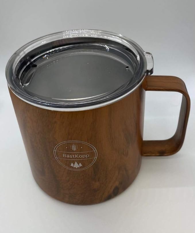 14 OZ Vacuum Insulated Double Wall 18/8 Stainless Steel Coffee Cup Tumbler, Mug, Beautiful Wood Design, With Durable Lid