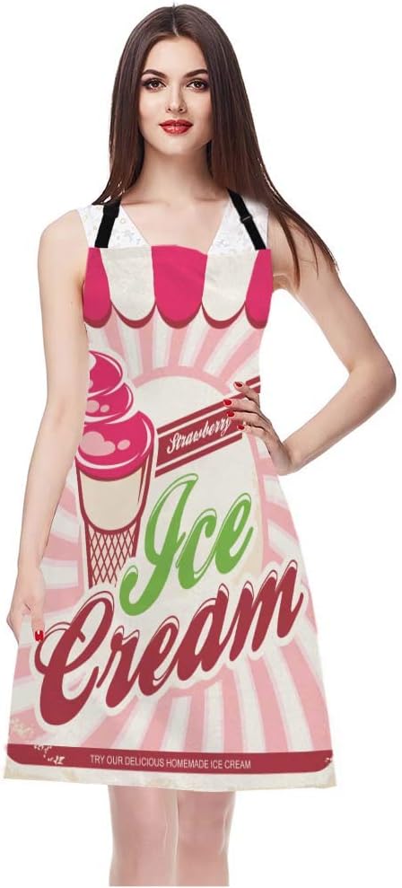 WONDERTIFY Ice Cream Apron,Vintage Background Ribbon with Delicious Homemade Dessert Strawberry Bib Apron with Adjustable Neck for Men Women,Suitable for Home Kitchen Cooking Waitress Chef Apron