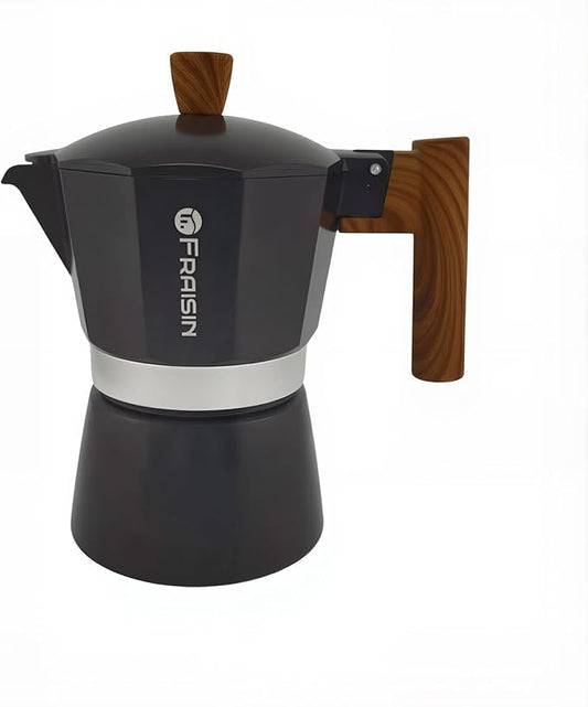 Stovetop Espresso Moka Pot Coffee Maker, Non-slip Wood Grain Handle, Cast Aluminum, Compatible with Gas, and Electric Stoves (Black, 12 cups)