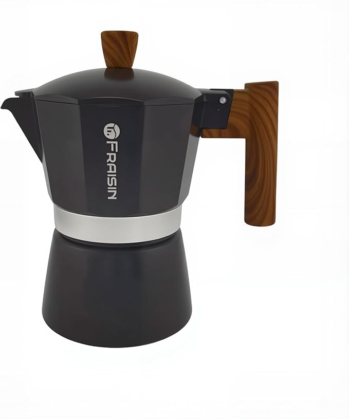 Stovetop Espresso Moka Pot Coffee Maker, Non-slip Wood Grain Handle, Cast Aluminum, Compatible with Gas, and Electric Stoves (Black, 9 cups)