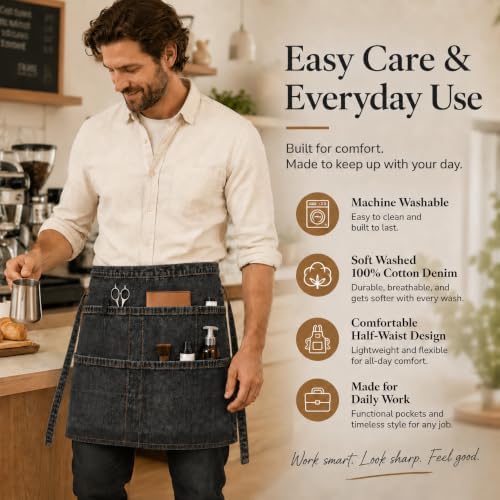 Denim Apron, Waist Apron with Pockets and Adjustable Long Ties - Image 5
