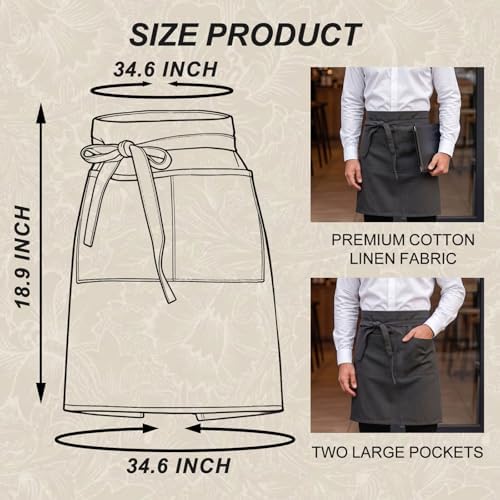 Half Apron for Women Men Cotton Linen with 2 Large Pockets Waist Short Bistro Server Aprons Waiter Waitress Unisex - Image 7
