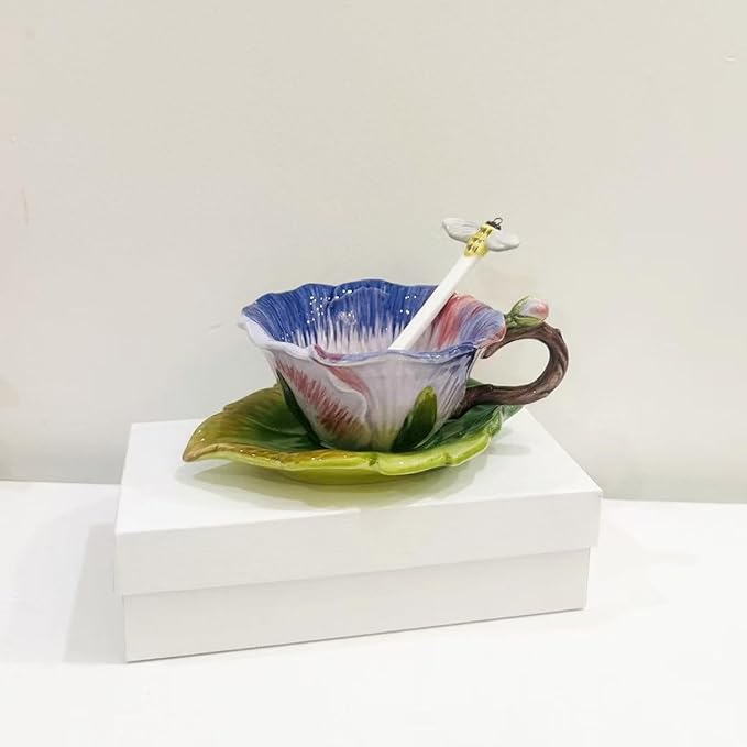 Ceramic Pansy Coffee Cup and Saucer Set with Spoon，6OZ 3D Hand-Painted Flower Tea Mug，Gift for Women (Pinkish Purple)