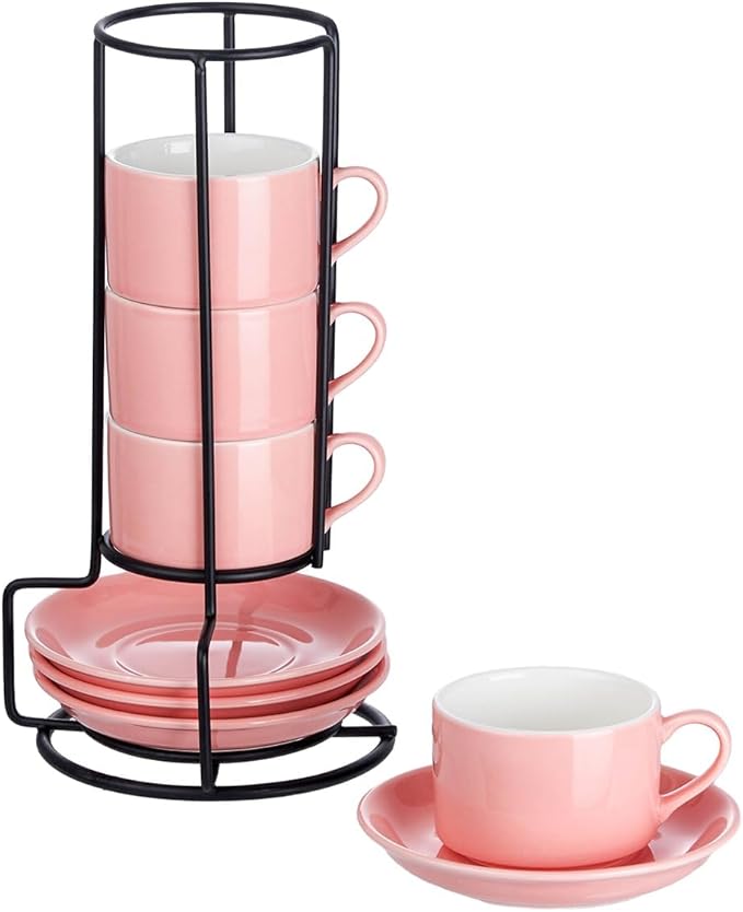 2.5oz Espresso Cups Set of 4, Porcelain Stackable Espresso Cups with Saucers and Metal Stand Set, Pink Expresso Shots Cup Set