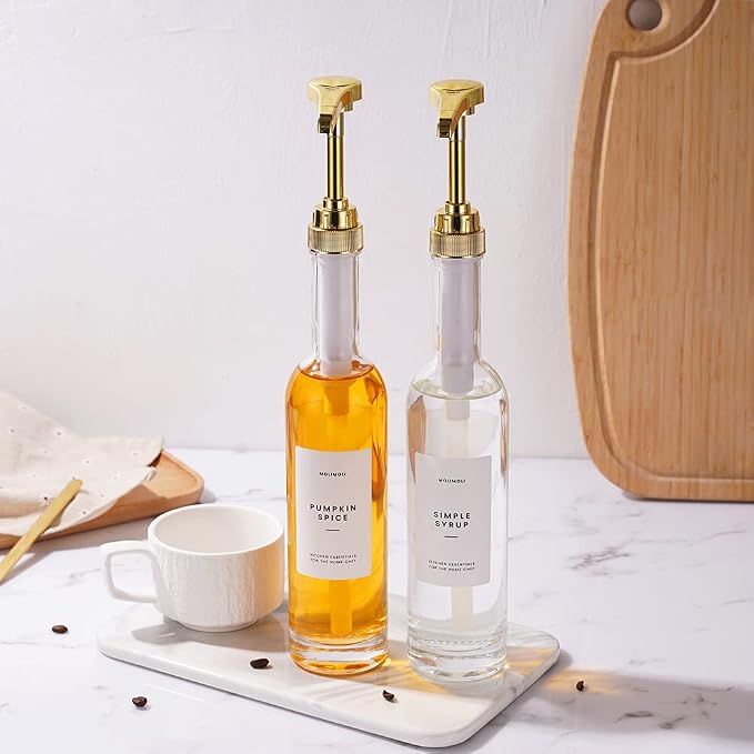MoliMoli Coffee Syrup Dispenser for Coffee Bar, 350mlCoffee Pump Dispenser, Glass Syrup Bottle w. Pumps, Simple Syrup Dispenser w. Labels,Set of 2, (Gold) - Image 6