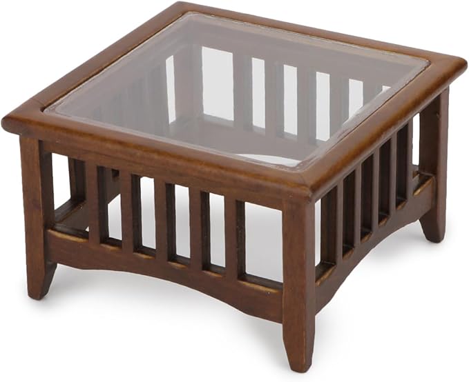 Dollhouse Coffee Table Miniature Furniture 1:12 Scale Wooden Tea Table Square Shape Side Tables Acrylic Tabletop Props Miniature End Table Living Room Pocket Desk Doll House Decoration Props (Brown)