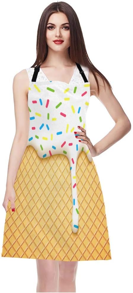 WONDERTIFY Ice Cream Apron,Cartoon Ice Cream Cone with Dripping White Glaze and Wafer Texture Bib Apron with Adjustable Neck for Men Women,Suitable for Home Kitchen Cooking Waitress Chef Grill Apron