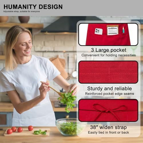 PLOYMONO 12P Red Server Apron with 3 Pockets, Short Waist Waitress Apron | Polyester Short Waiter Apron with 3 Deep Pockets, Great for Restaurant Servers, Bartenders, Hosts, Baristas - Image 2