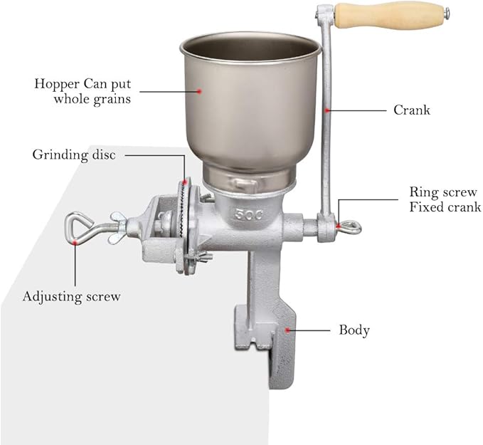 Manual Grain Grinder for Home Use, Heavy Duty Cast Iron Hand Crank Mill with Clamp Base, Adjustable Grinding Coarseness for Corn, Coffee, Wheat, Rice, Pepper, Nuts