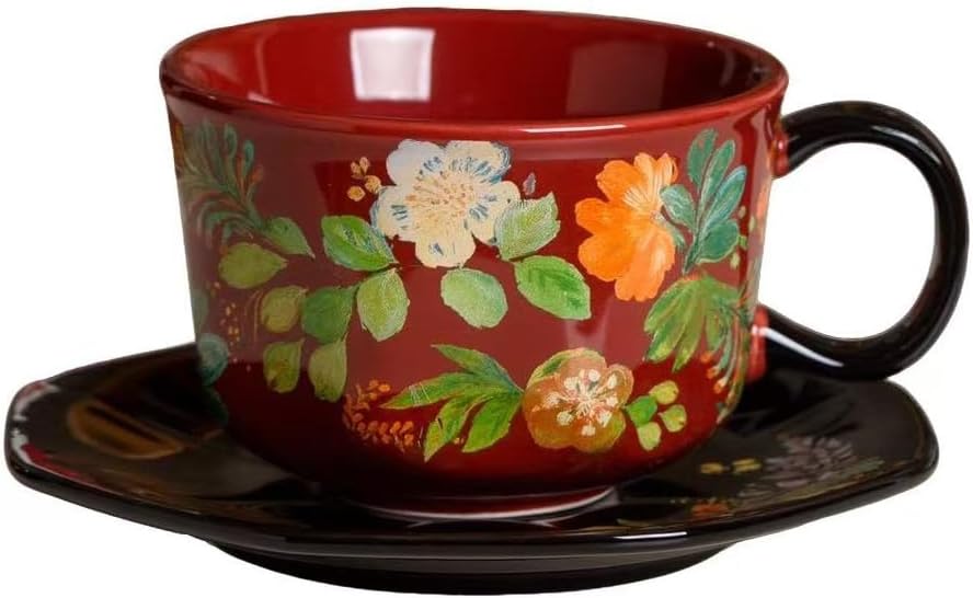 Red Floral Coffee Cup and Saucer Set, 9.5 oz (280ml) Ceramic Tea Cup with Saucer, Glossy Finish Vintage Botanical Mug for Espresso, Cappuccino, Latte, Home Kitchen, Office, Gift for Women